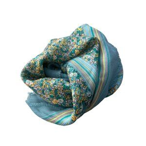Vintage Ditsy Floral Square Scarf Fringe Trim Lightweight Boho Blue Wrap